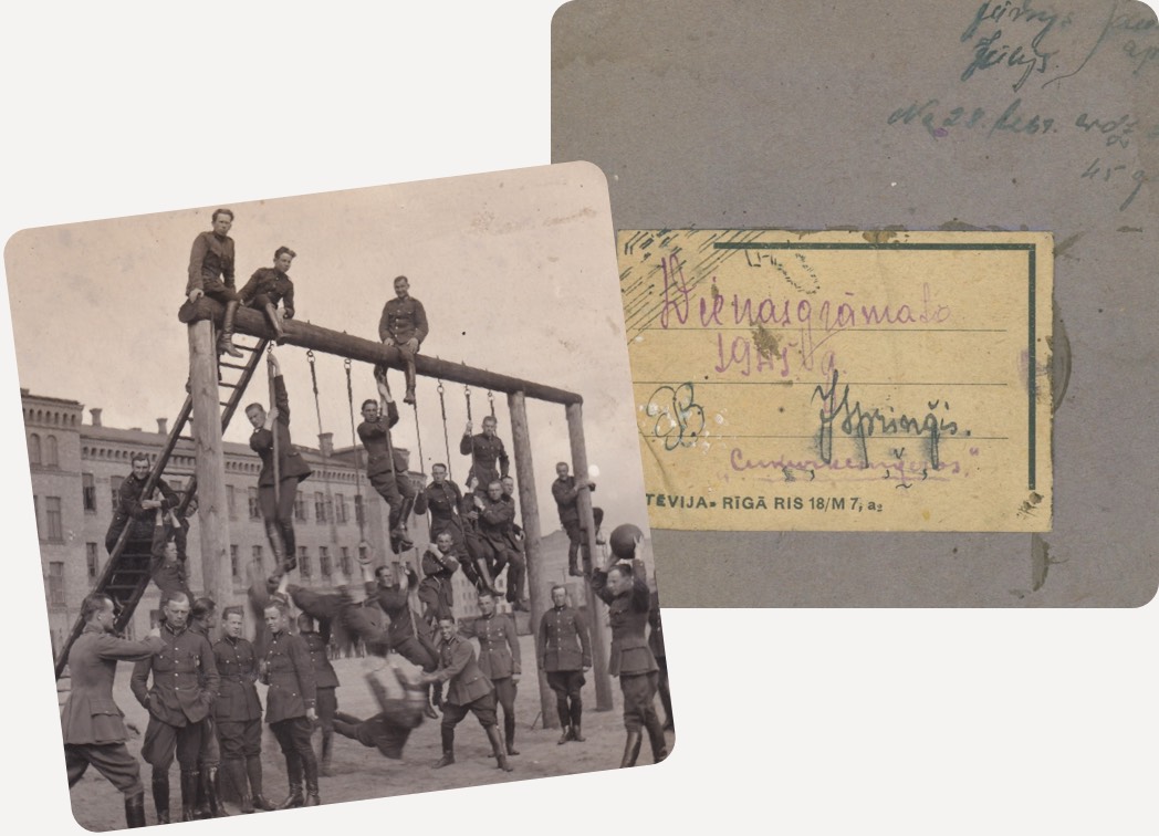 Vēsturisku materiālu kolāža ar fotogrāfiju un dokumentu